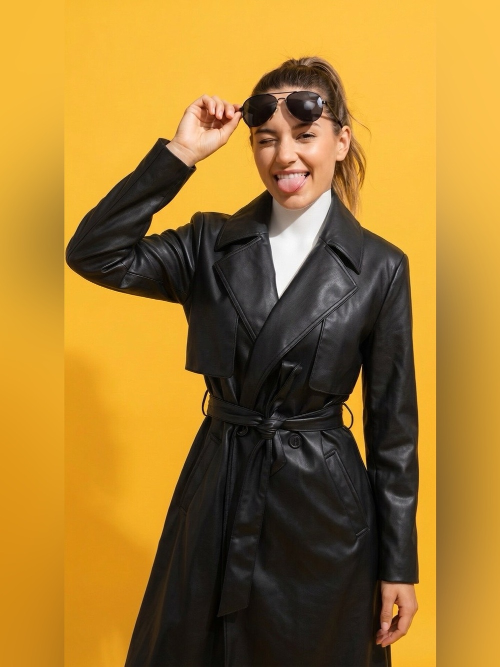 Zara Black Faux Leather Trench Coat with Tie Waist
